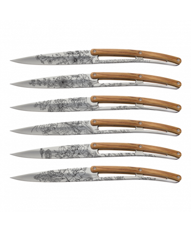 2ab010 Set6pcs 2 - Deejo 6 Steak Knives, Mirror Finish, Olive Wood, Tattoo (380x460), Png Download