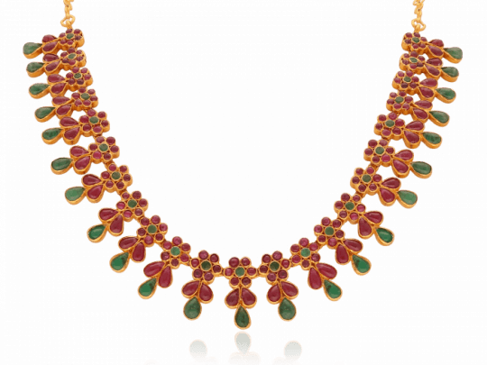 Classic Floral Red And Green Stone Gold Necklace - Necklace (540x405), Png Download
