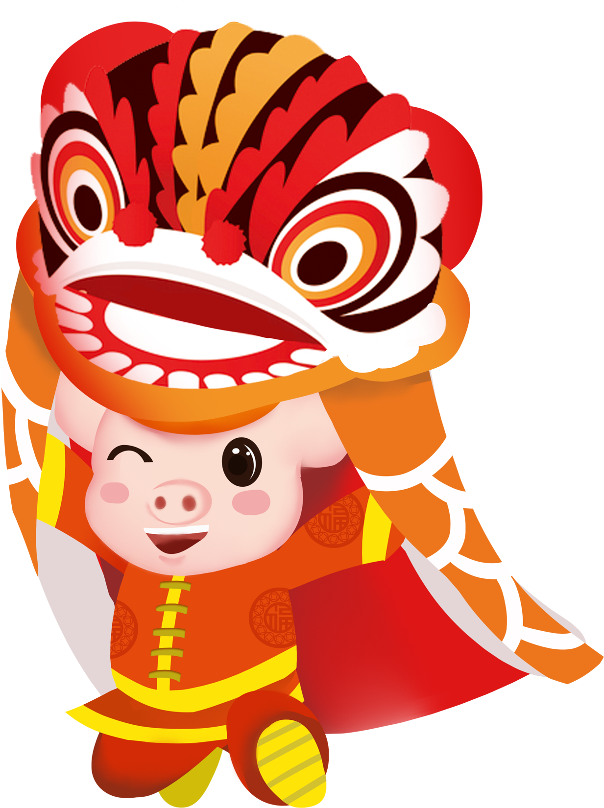 Hand Painted Cartoon Gold Pig Lion Dance Decoration - Chinese New Year (3000x2119), Png Download