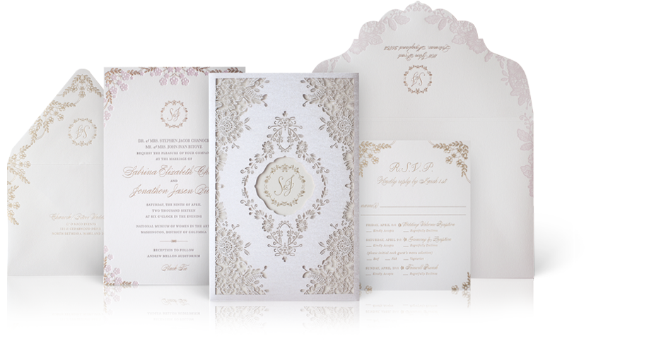 Gold And Ivory Lace Laser Cut Luxury Wedding Invitation - Wedding Invitation (934x585), Png Download