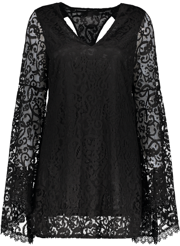 Vestido Escotado Panel Encaje Manga Campana Recortado - Vestido Mangas Campana Encaje (600x798), Png Download