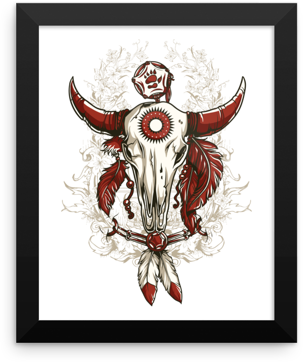 Bull Skull Framed Poster - Feathers Indian Horns Red Honor Tradition Bulls Skull (1000x1000), Png Download