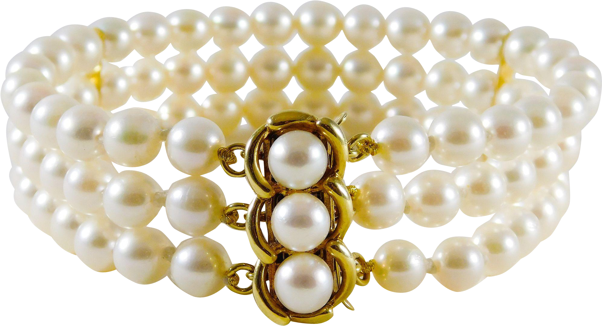 Vintage 14k Gold And Lustrous 3-strand White Pearl (1997x1997), Png Download