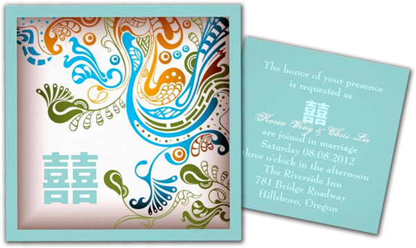 Modern Blue Phoenix Chinese Wedding Invitation - Graphic Design (600x358), Png Download