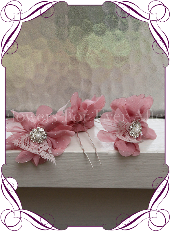 Pink Fabric Flower Lace Pearl And Bling Hair Pins - Wedding Centrepieces Silk Flower (608x822), Png Download