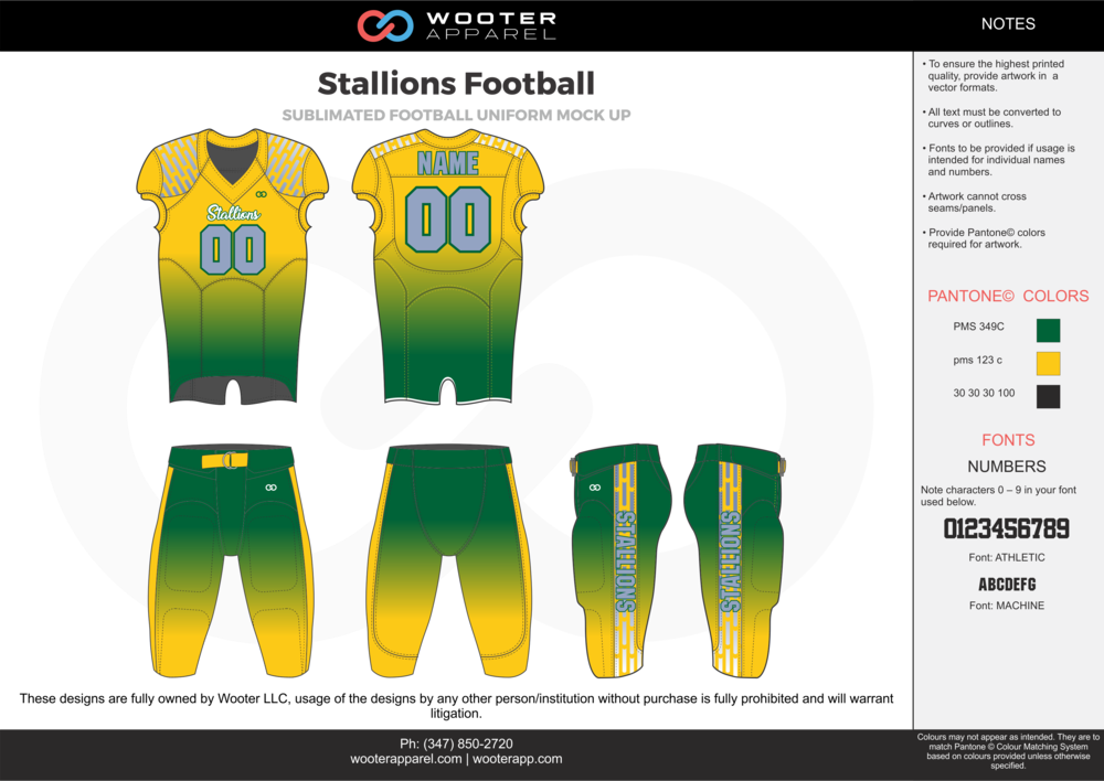 Stallions Football Green Yellow Gray Football Uniforms - Yellow (1000x708), Png Download