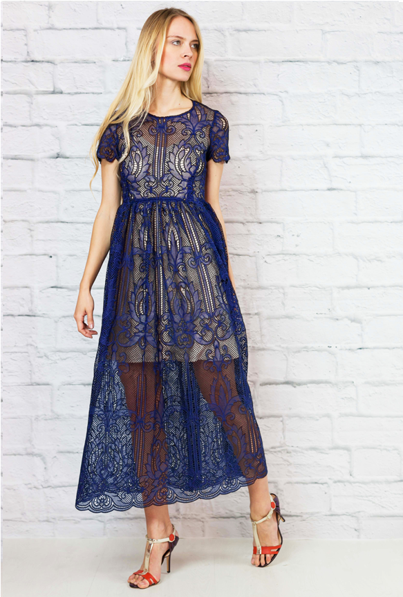 Blue Lace Dress Back Ss16 Mallory Clothing Blue Lace - Day Dress (1286x900), Png Download