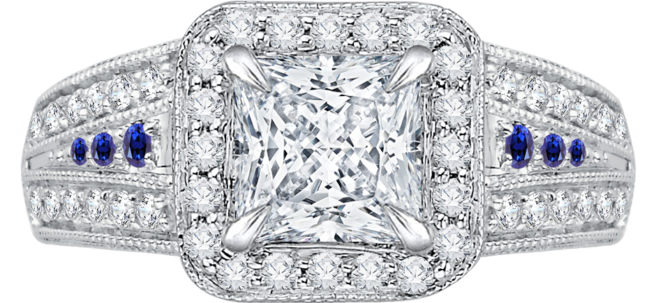 14k White Gold Princess Diamond And Sapphire Halo Engagement - Ht2614pr9 Platinum Tacori Royalt Engagement Ring (1000x1000), Png Download