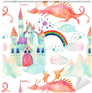 Watercolor Fairy Tale Seamless Pattern With Cute Dragon, - Cute Dragon And Castle (400x400), Png Download