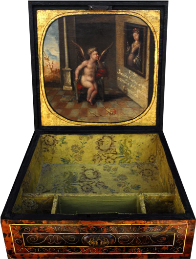 Caja De Carey Con Escena Amorosa Y Cartel En Latín - Antique (400x557), Png Download