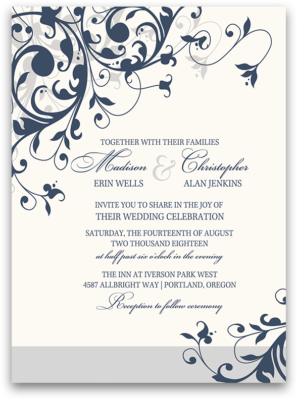 Taylor Suite Navy Blue Floral Swirls Wedding Invitation - Flourish Clip Art (900x900), Png Download