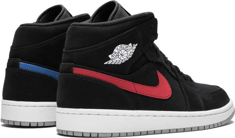 Nike Air Red Jordan 1 Mid Black Nubuck Red Air Blue - Jordan 1 Mid Blue And Red Swoosh (1000x600), Png Download