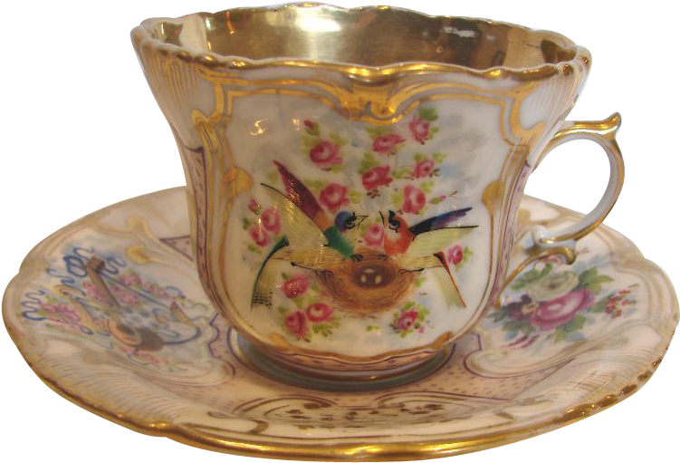 French Old Paris Cup Saucer Hand Painted Birds In A - Teacup (750x750), Png Download