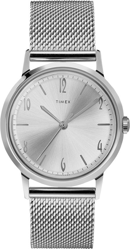 Hand Wound 34mm Stainless Steel Mesh Band Watch Stainless-steel/white - Timex Watches (750x900), Png Download