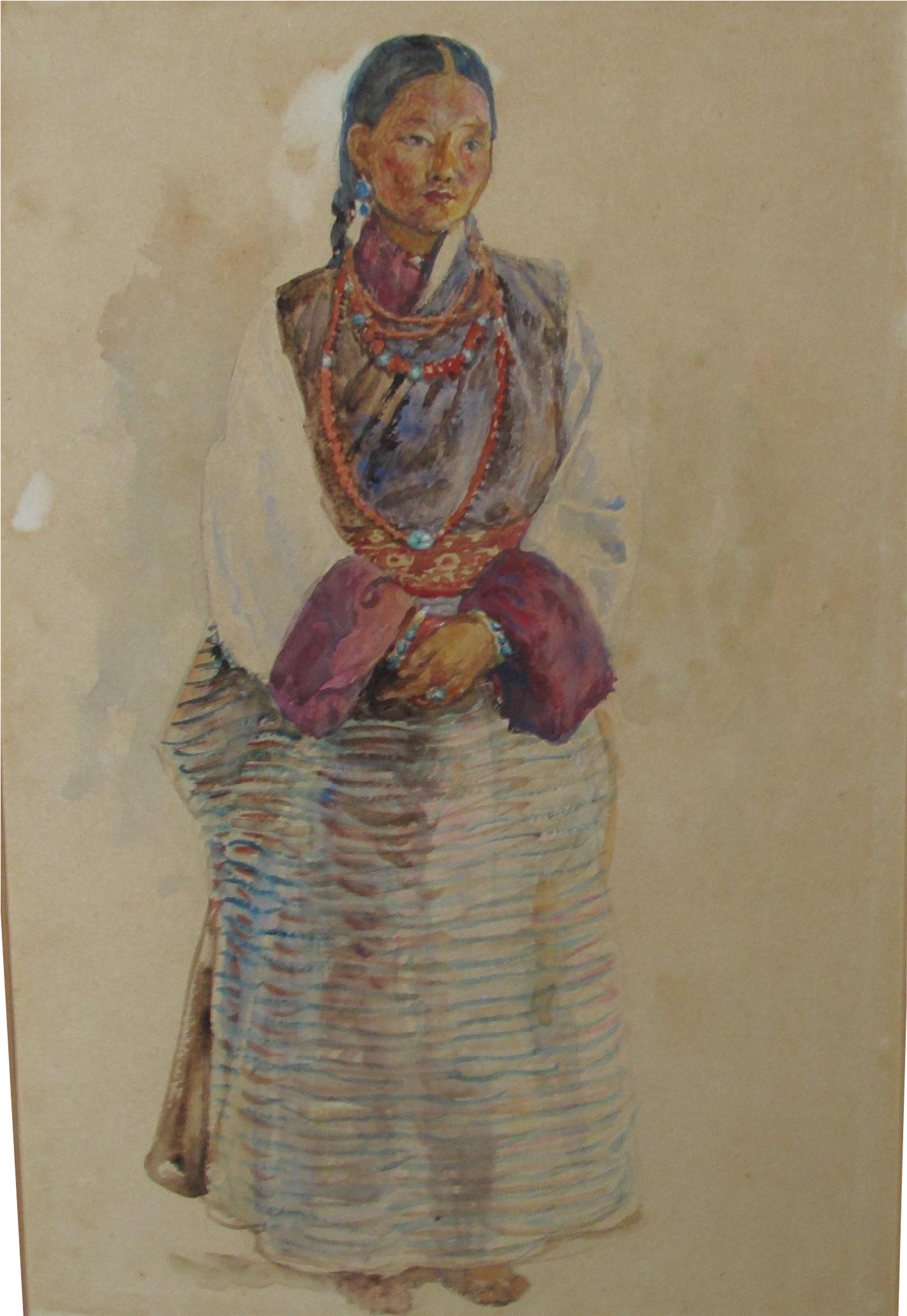 Antique Watercolor Of A Lady In Tibetan Costume By - Pottery (2048x2048), Png Download