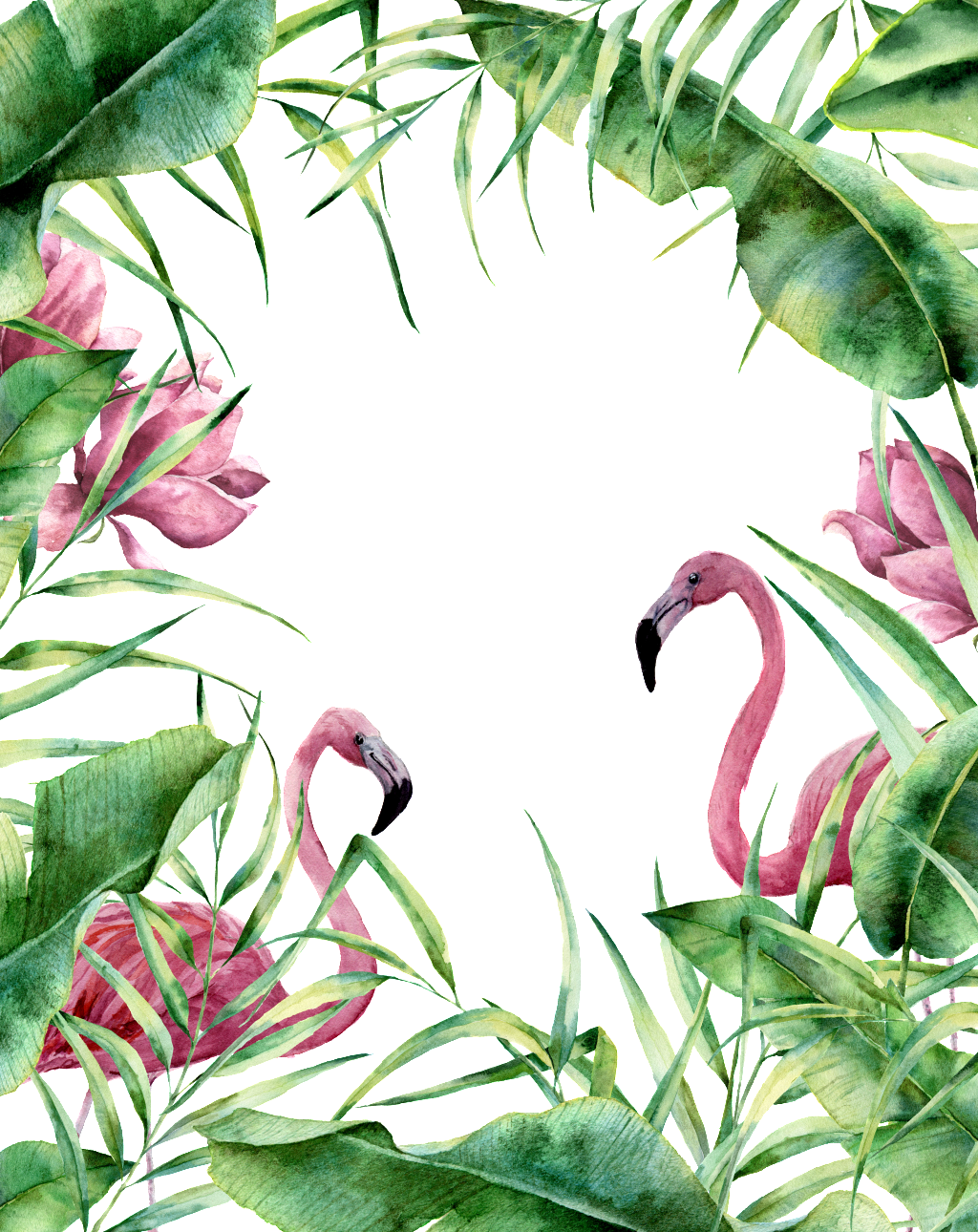 Green Leaf Flower Flamingo Decoration Png Transparent - Free Tropical Floral Border (1024x1290), Png Download