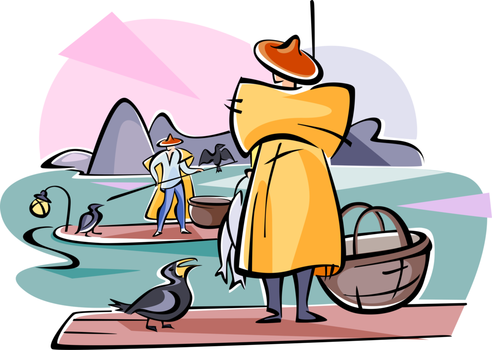Vector Illustration Of Chinese Fishermen Fish With - Cartoon (983x700), Png Download