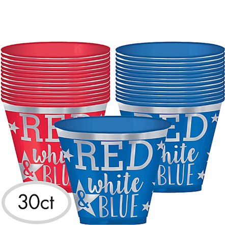 Red, White, And Blue Plastic Tumblers, 9oz - Amscan Metallic Patriotic Red White & Blue Plastic (441x600), Png Download