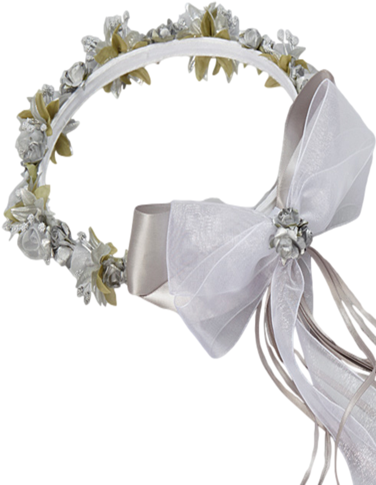 Silver Silk & Satin Ribbons Floral Crown Wreath Girls - Wreath (745x1024), Png Download