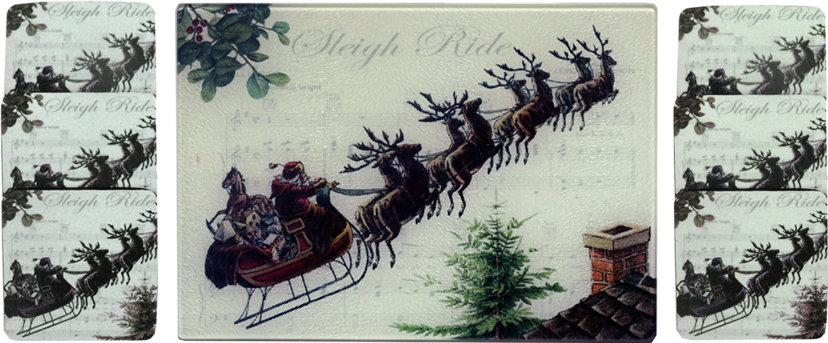 Santa & Sleigh Bells Cheese Tray/cutting Board & Coaster - Vintage Christmas Santa Claus Note Cards (1200x800), Png Download