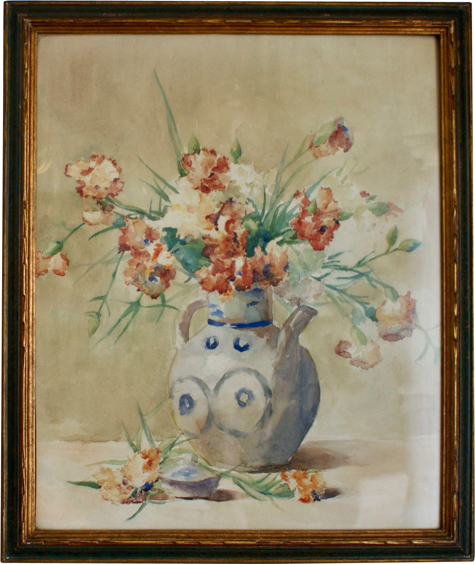 Antique French Watercolor, Flowers In Asian Vase, Framed - Watercolor Painting (1871x1871), Png Download