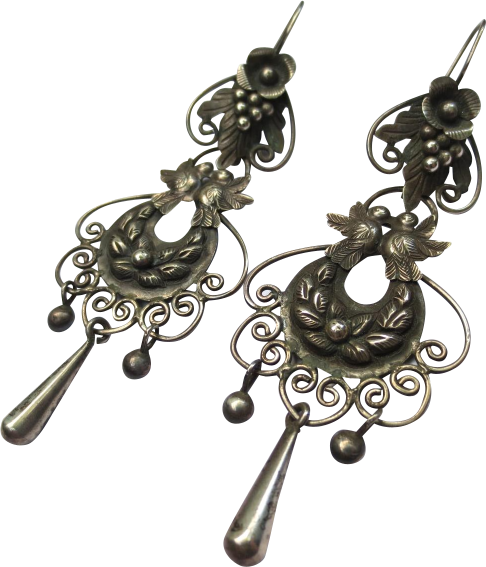 Hawaii - Vintage Mexican Silver Floral Bird Chandelier Earrings (1133x1133), Png Download