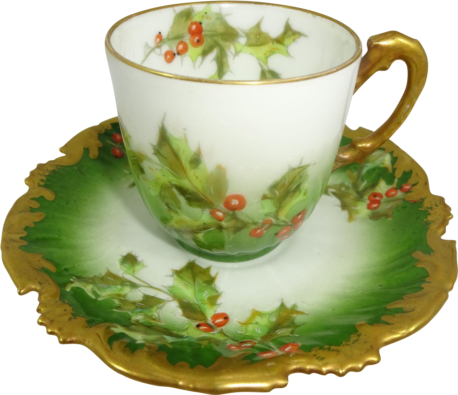 Antique Limoges France Cup Saucer Christmas Holly Berries - Teacup (1587x1587), Png Download