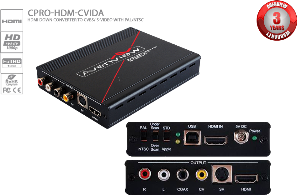 Hdmi Down Converter To Cvbs/ S-video With Pal/ntsc - Avenview Cpro-hdm-cvida Hdmi Down Converter (995x690), Png Download