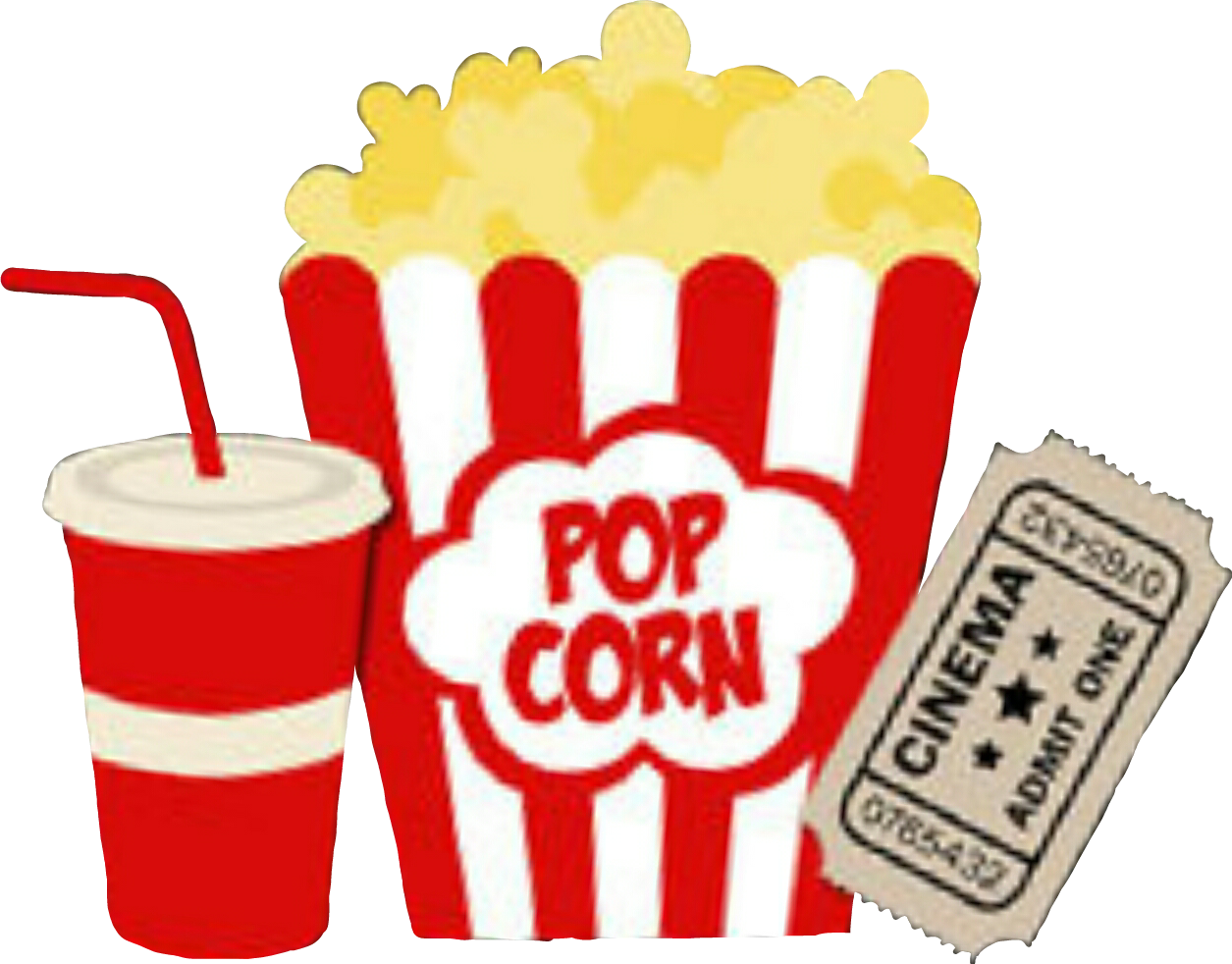 Movies Ticket Popcorn Soda - Popcorn Soda Png (1255x982), Png Download