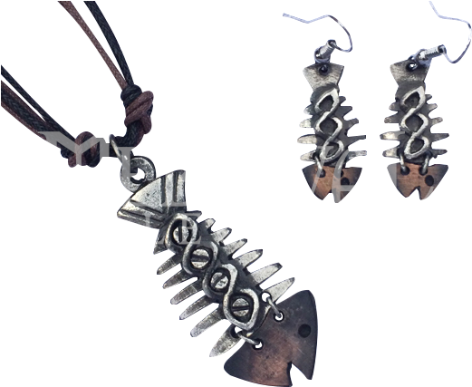 Silver And Copper Fish Skeleton Necklace And Earrings - Earrings (520x520), Png Download