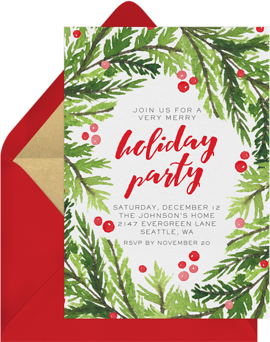 Watercolor Evergreen Sprigs Invitation In Red - Christmas Ornament (550x717), Png Download