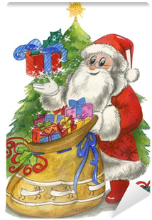 Santa Claus With Sac And Decorated Tree, Watercolor - Christmas Tree (400x400), Png Download