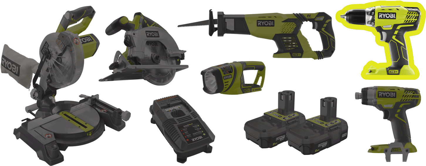 18v One 5 Tool Combo Kit - Ryobi P208 18 Volt 1/2" Lithium Drill/driver Drill (1500x602), Png Download