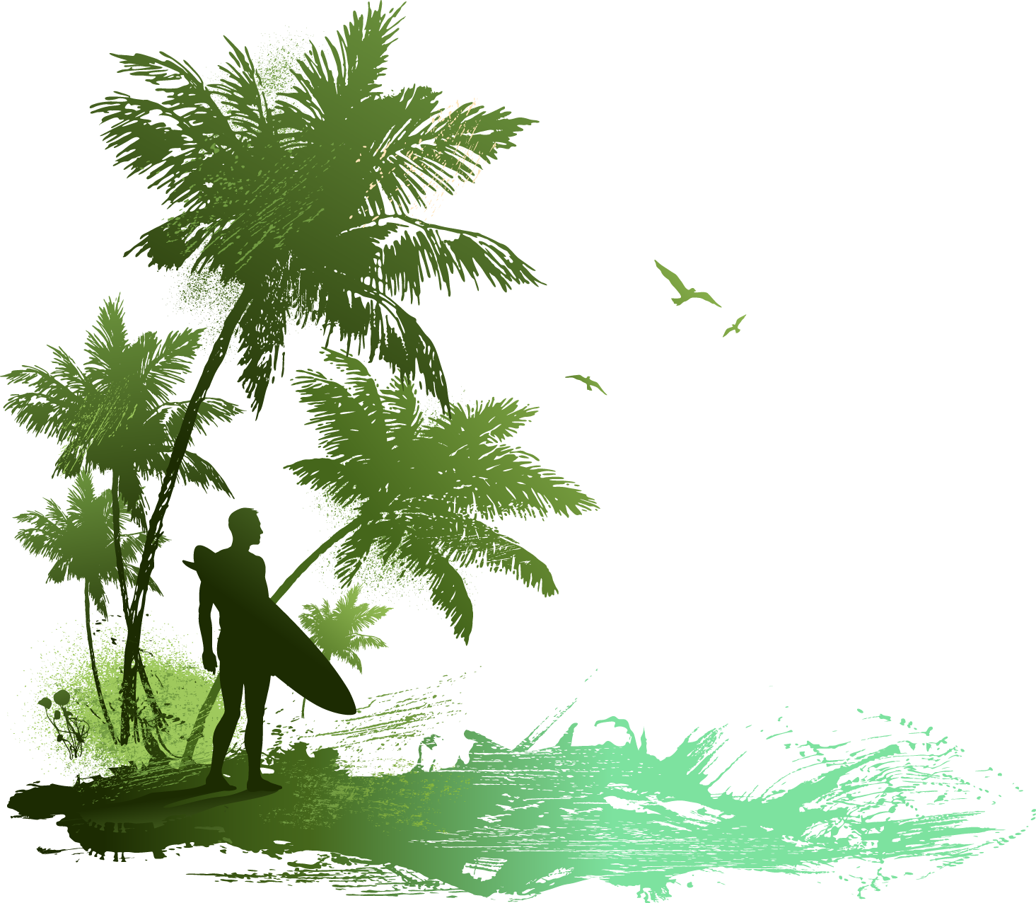 Drawing Beach Seaside - Tropical Surfer Shower Curtain (1465x1276), Png Download
