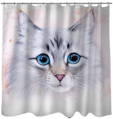 Watercolor Illustration Of A White Cat Shower Curtain - Drawing (400x400), Png Download
