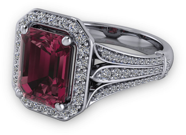 Radiant Cut Garnet And Diamond Halo Split Floral Shank - Radiant Cut Ruby Rings (800x800), Png Download