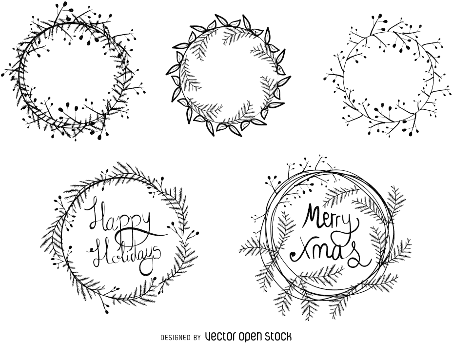 Christmas Wreath Drawing Illustration Material Transprent - Christmas Wreath Vector Black And White (1024x767), Png Download