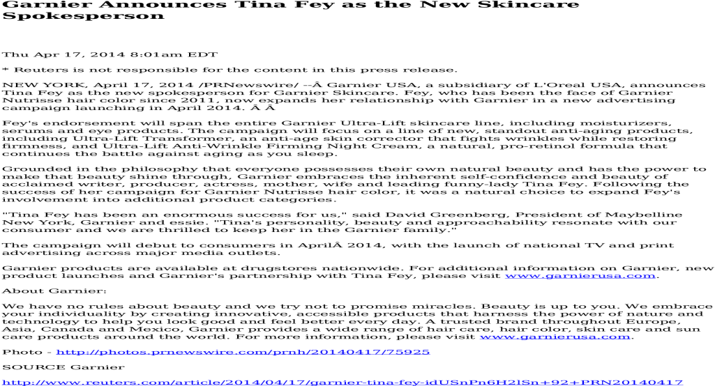 Garnier Announces Tina Fey As The New Skincare Spokesperson - Report Sample For Project (1200x630), Png Download