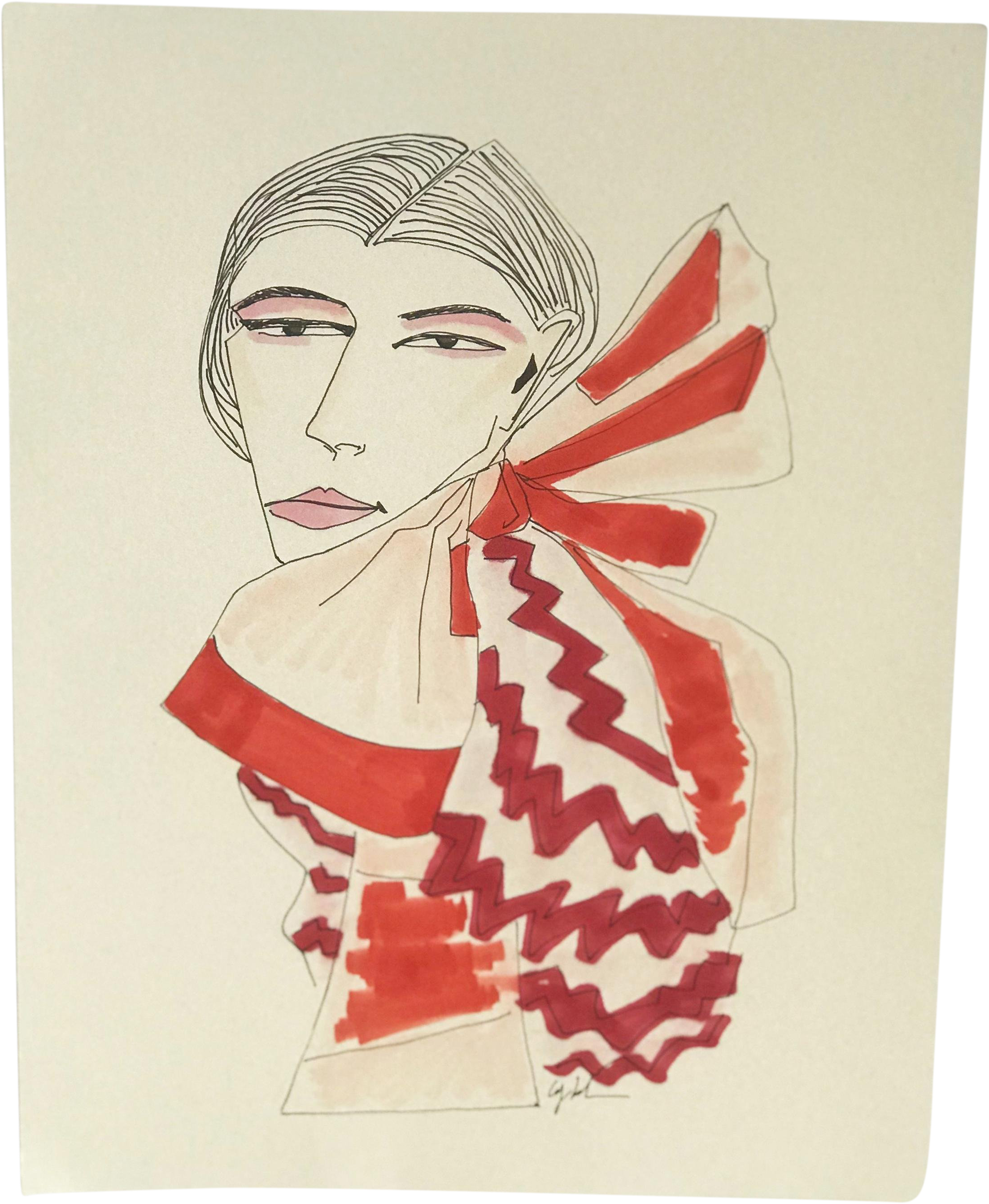 Contemporary "red White Bow" Watercolor & Ink Original - Drawing (2449x2980), Png Download