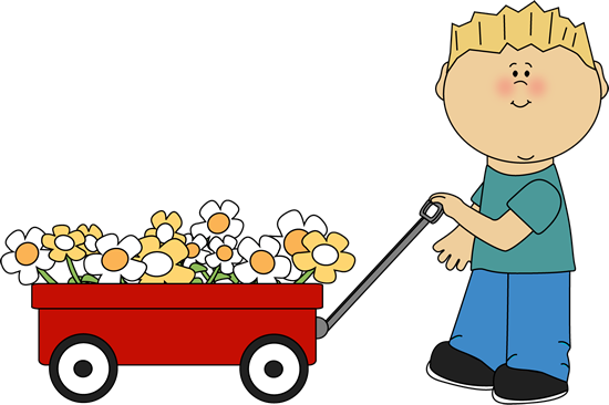 Boy With Flower Filled Wagon - Boy With Flowers Clipart (550x366), Png Download