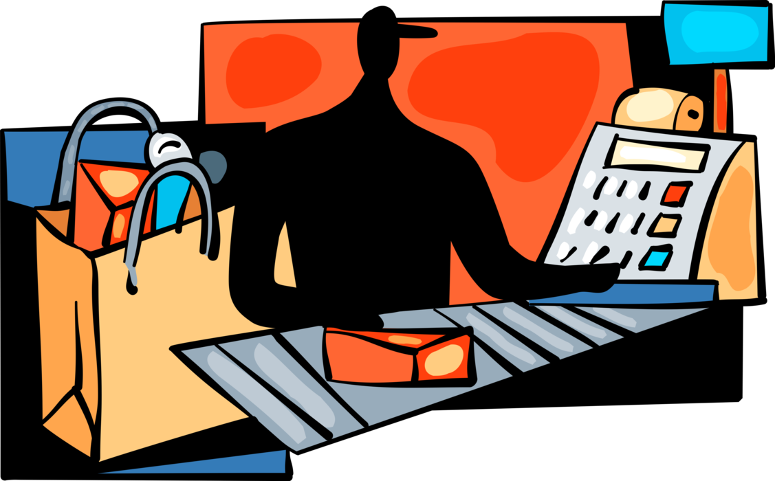 Vector Illustration Of Supermarket Grocery Store Cashier - Grocery Store (1127x700), Png Download