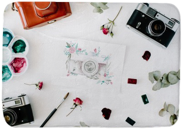 Artist Workspace With Vintage Retro Photo Camera, And - Camera (400x400), Png Download