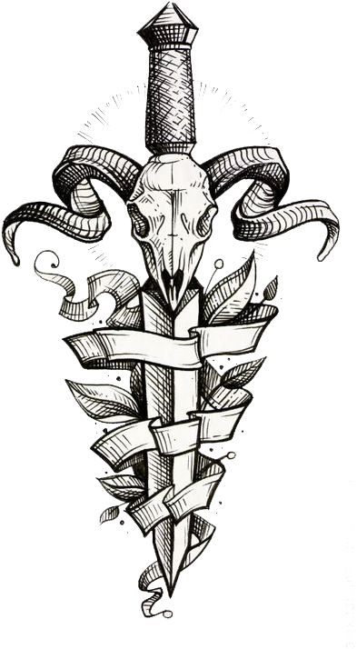 Decorative Tattoo Dagger Sleeve Painted Flash Hand - Ram Skull Tattoo (433x750), Png Download