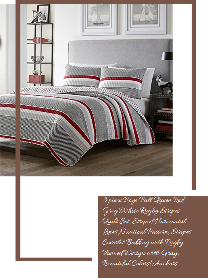 3 Piece Boys Full Queen Red Grey White Rugby Stripes (735x1100), Png Download