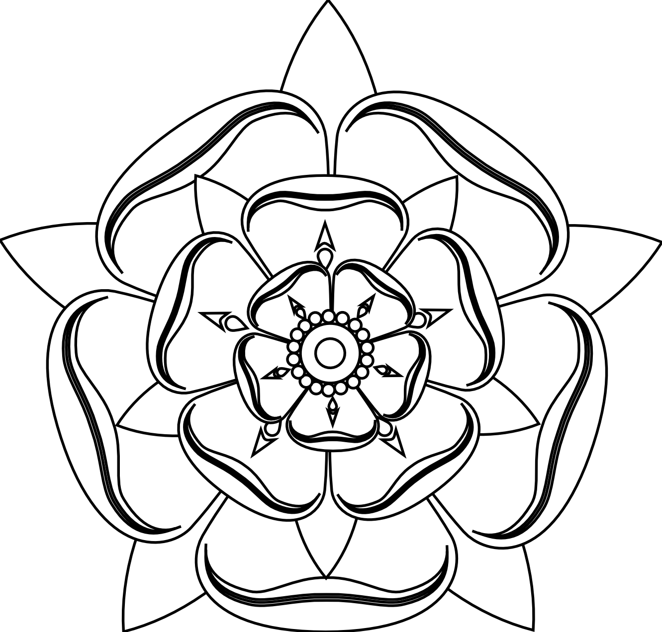 Tudor Rose Black White Line Art Tattoo Tatoo Flower - Tudor Rose Black And White (1331x1272), Png Download