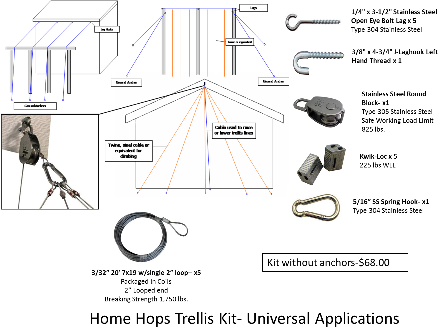 Universal Home Hops Trellis Kit With Steel Cable - Design (1506x1150), Png Download