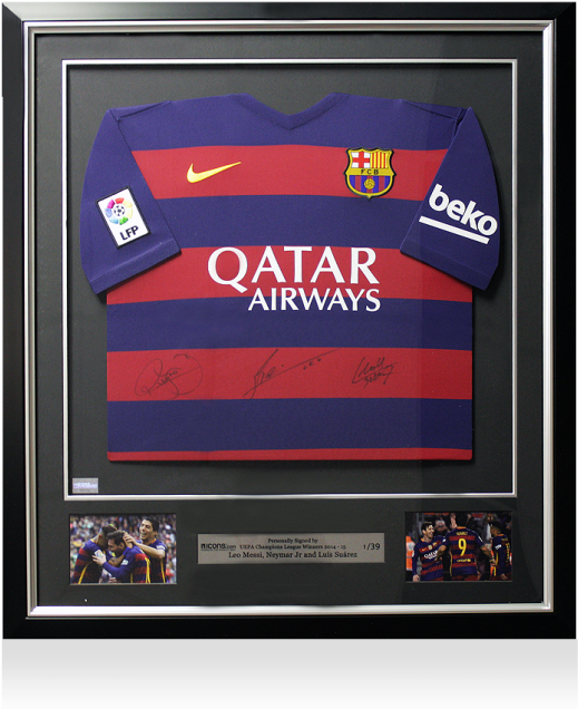 Lionel Messi, Neymar Jr & Luis Suarez Signed Barcelona - Neymar Autographed Jersey - Jr. Qatar Airways Nike (650x665), Png Download