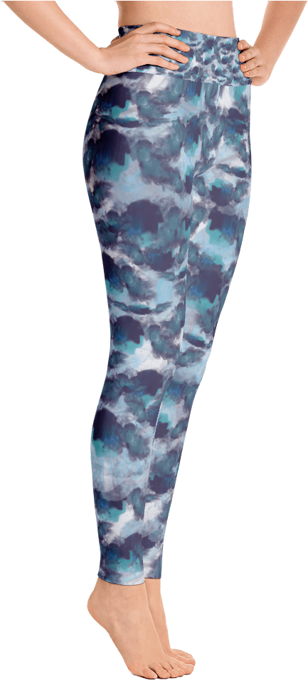 Watercolor Blues High Waist Leggings Right View - Yoga Pants (1000x1000), Png Download