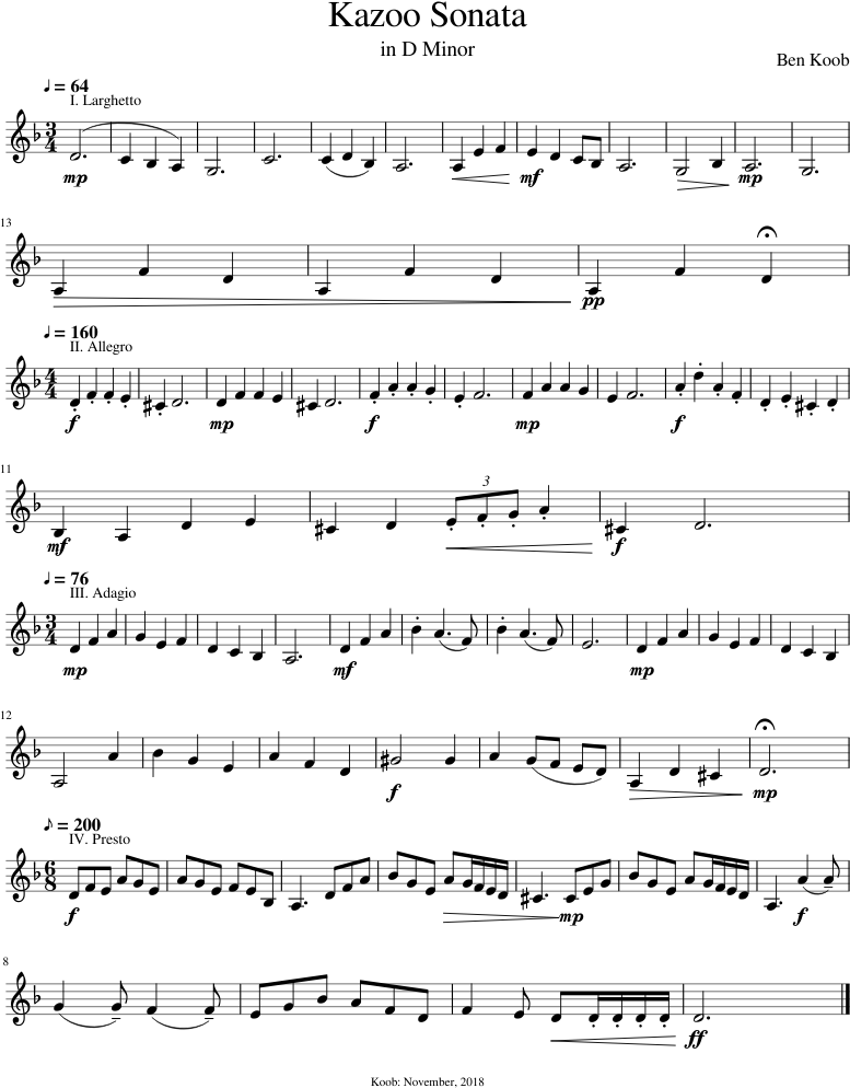Kazoo Sonata In D Minor Sheet Music For Synthesizer - Kazoo (850x1100), Png Download
