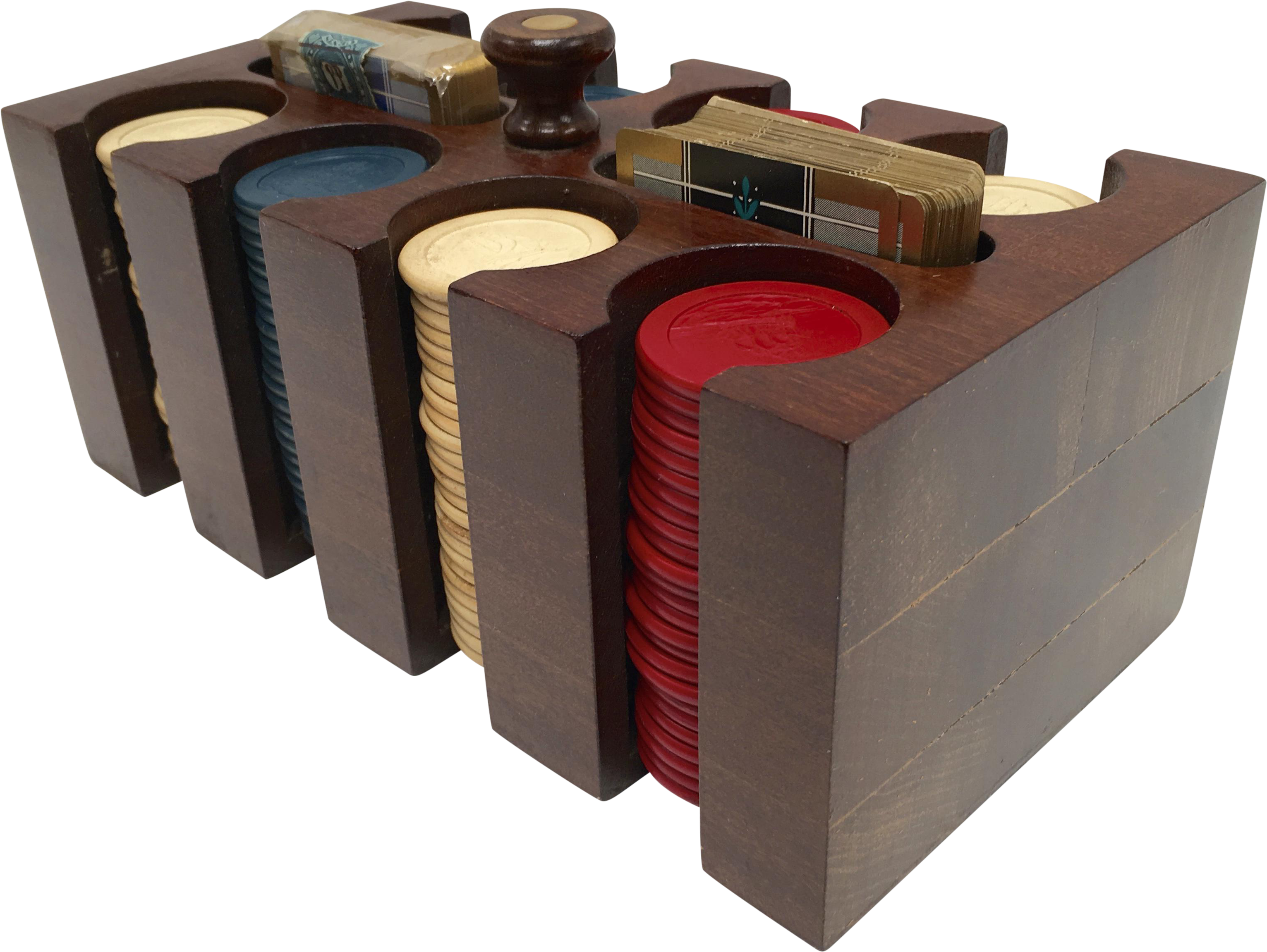 1930s Vintage Clay Poker Chips In Wood Carrying Case - Casino Token (3402x2558), Png Download
